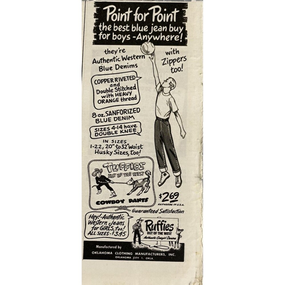 Oklahoma Clothing Manufacturers "Tuffies Out of the West Cowboy Jeans" Ad 1951